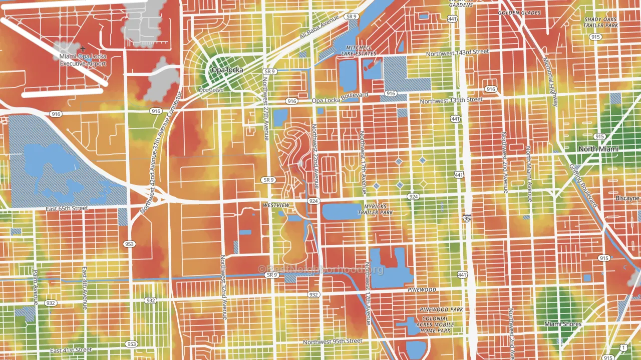 Walk Grade map of Westview, FL, walkable areas in green and car-dependent areas in red