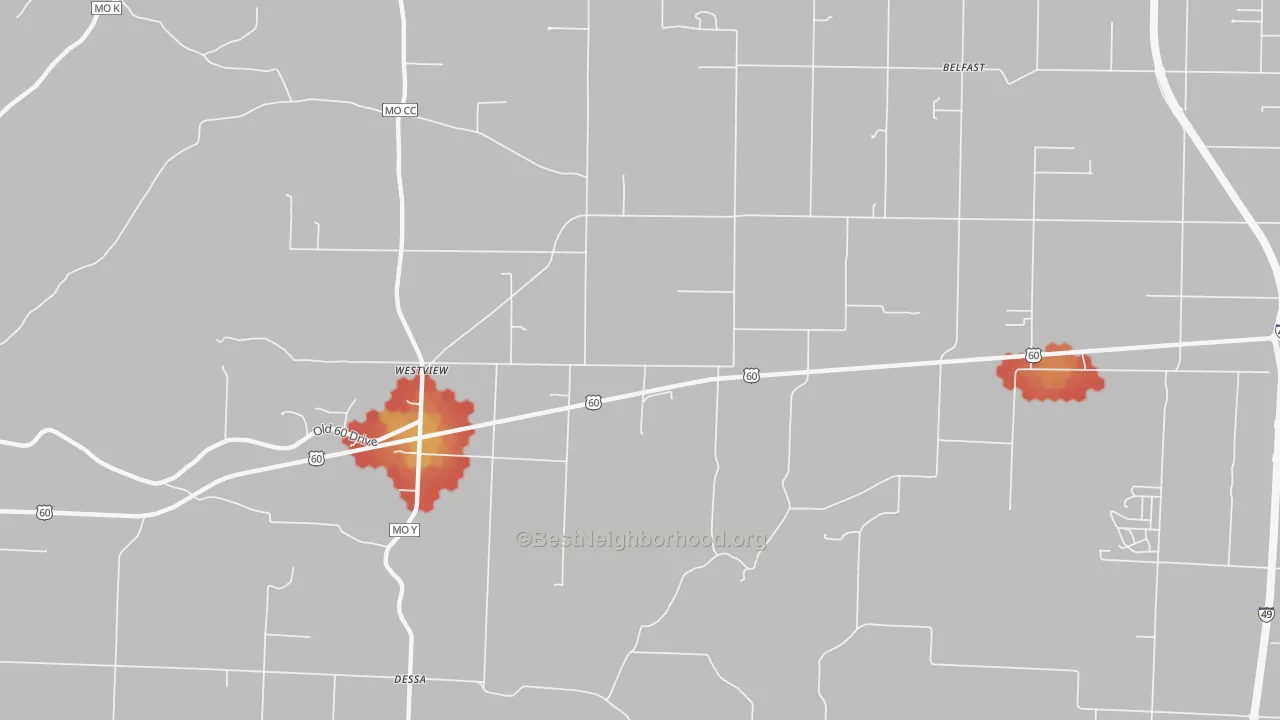 Walk Grade map of Westview, MO, walkable areas in green and car-dependent areas in red