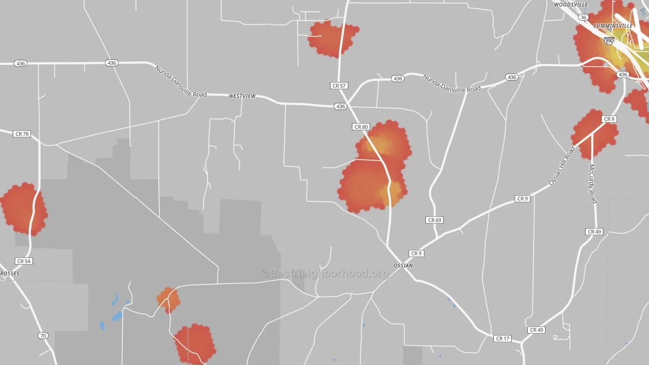 Walk Grade map of Westview, NY, walkable areas in green and car-dependent areas in red