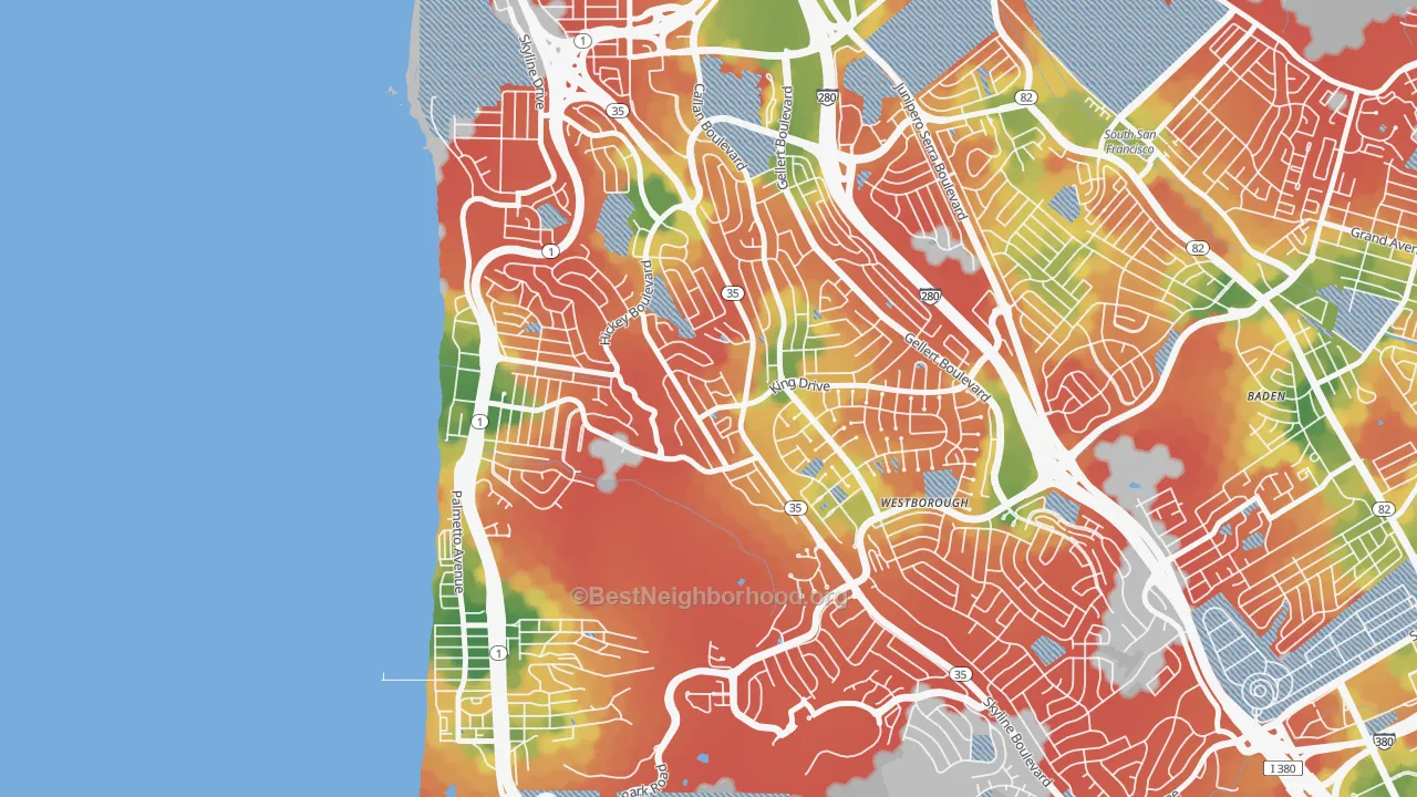 Walk Grade map of Westview, Pacifica, CA, walkable areas in green and car-dependent areas in red
