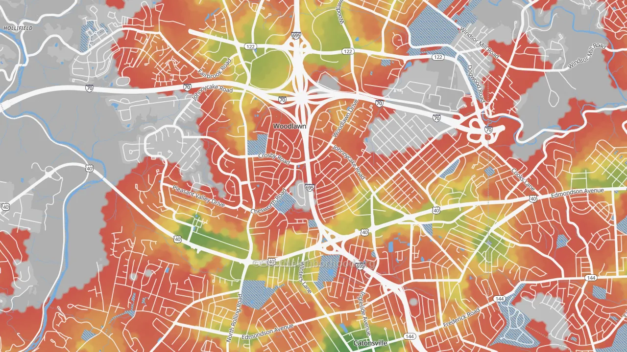 Walk Grade map of Westview Park, Woodlawn, MD, walkable areas in green and car-dependent areas in red