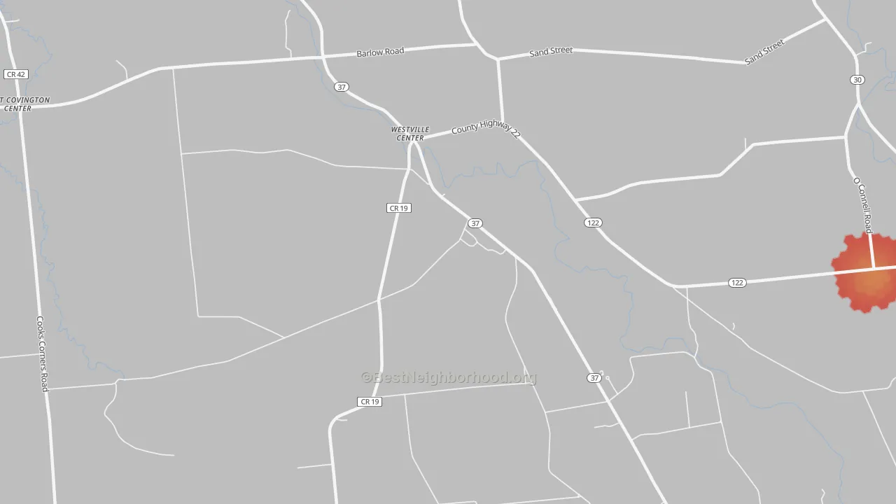Walk Grade map of Westville Center, NY, walkable areas in green and car-dependent areas in red