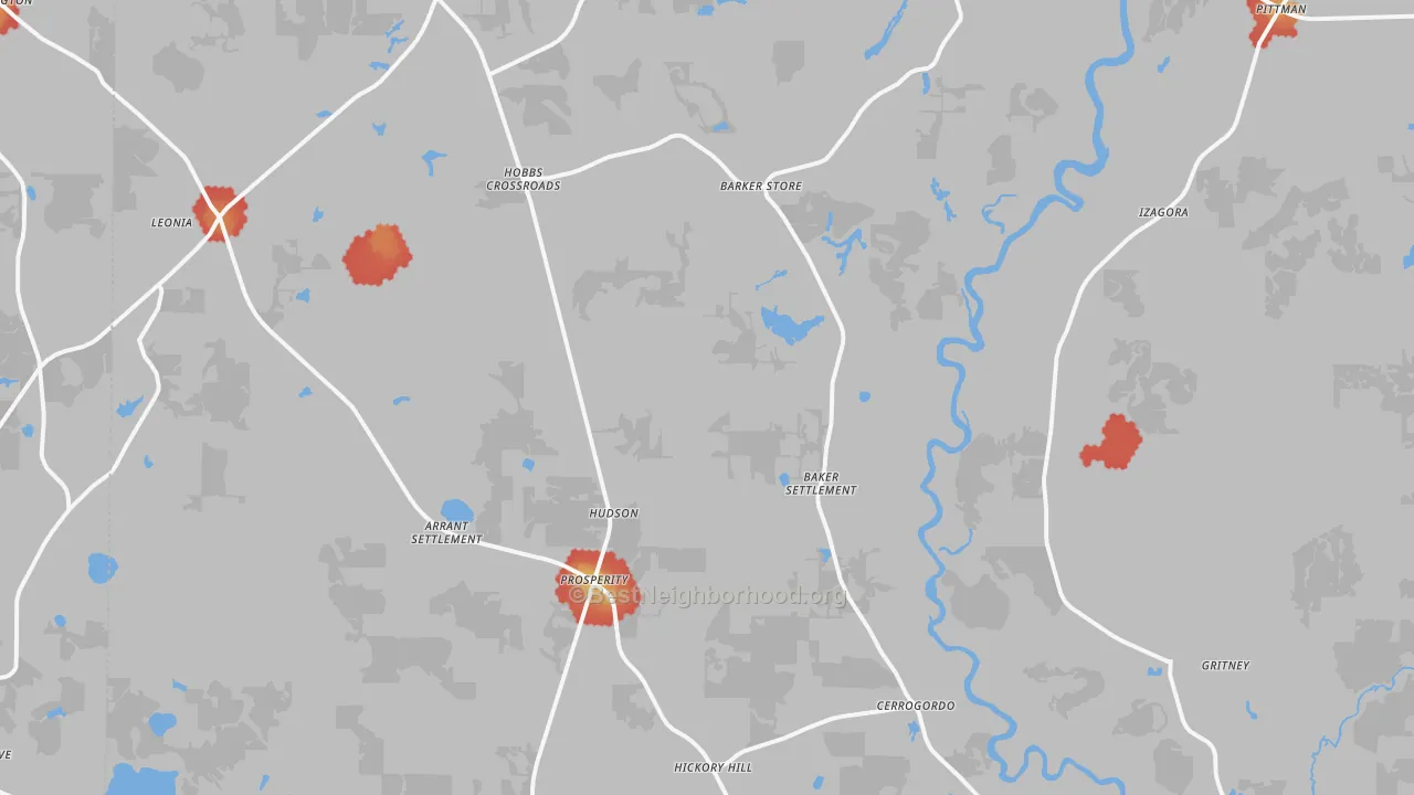 Walk Grade map of Westville, FL, walkable areas in green and car-dependent areas in red
