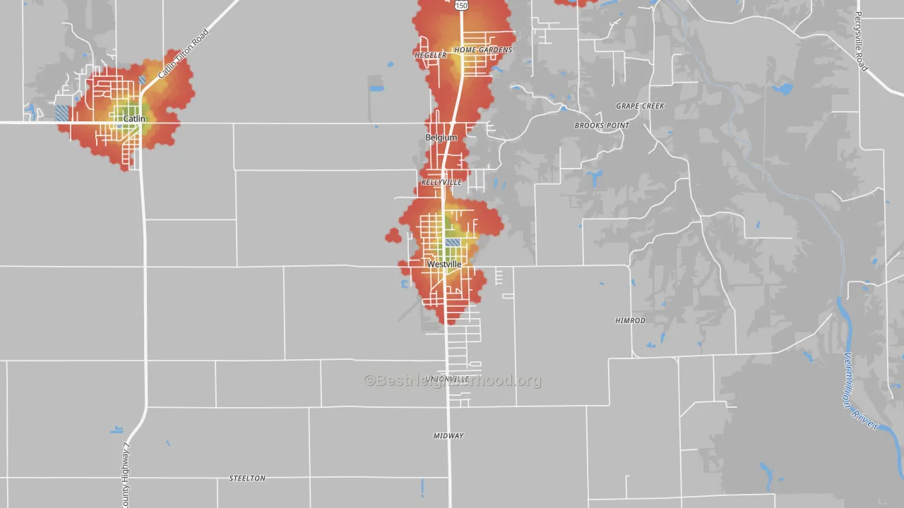 Walk Grade map of Westville, IL, walkable areas in green and car-dependent areas in red