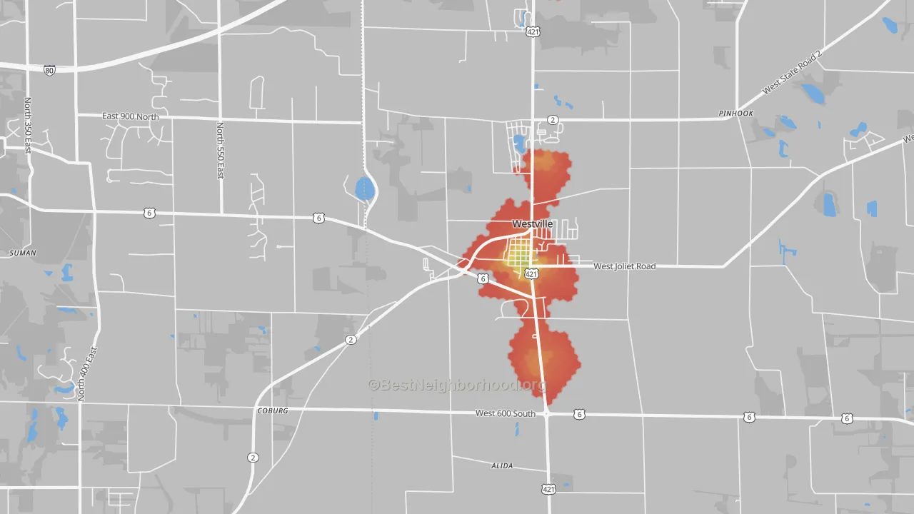 Walk Grade map of Westville, IN, walkable areas in green and car-dependent areas in red