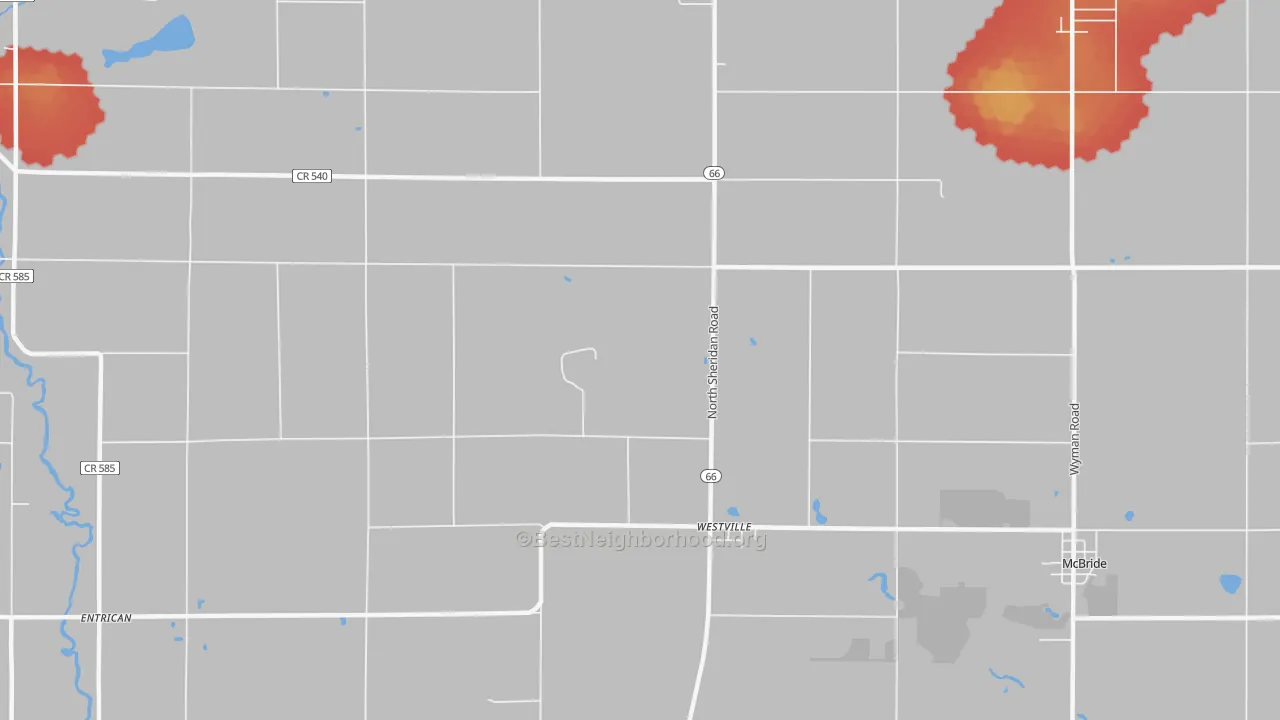 Walk Grade map of Westville, MI, walkable areas in green and car-dependent areas in red