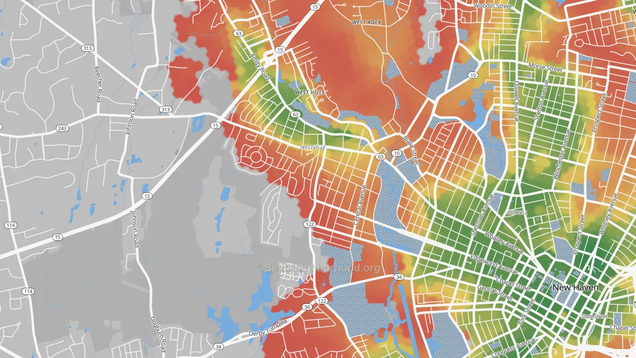 Walk Grade map of Westville, New Haven, CT, walkable areas in green and car-dependent areas in red