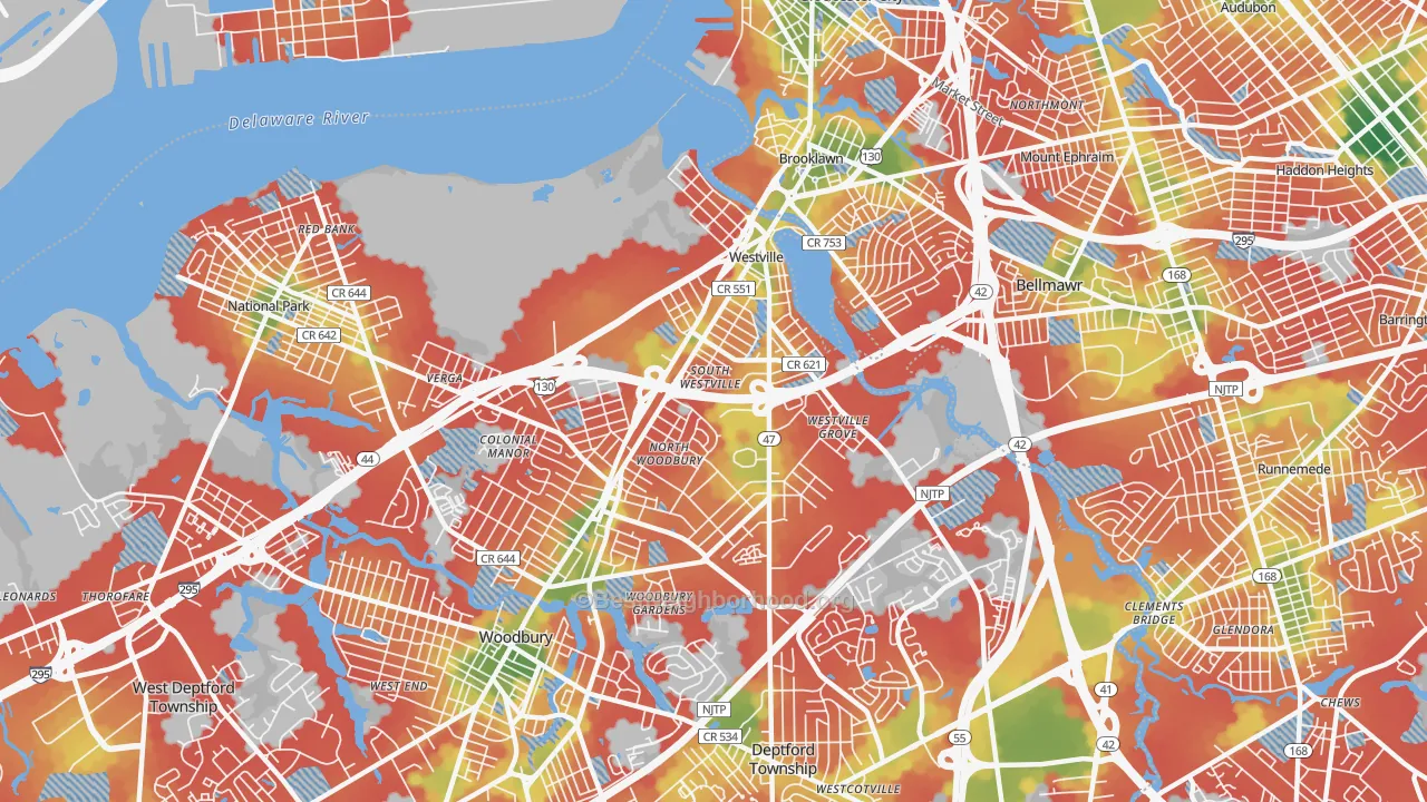 Walk Grade map of Westville, NJ, walkable areas in green and car-dependent areas in red