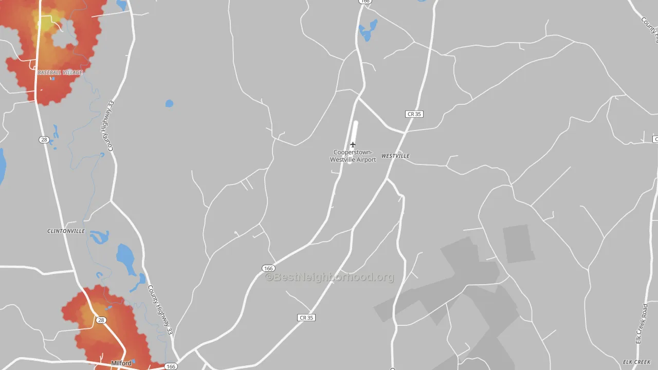 Walk Grade map of Westville, NY, walkable areas in green and car-dependent areas in red