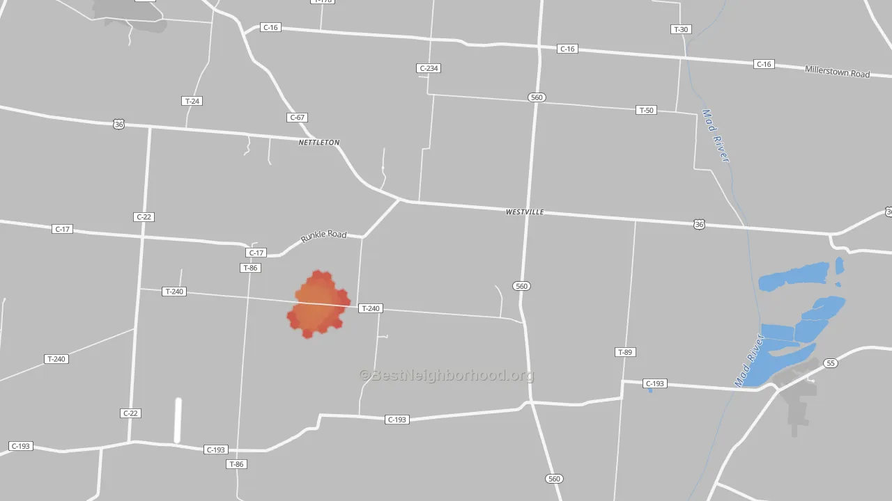 Walk Grade map of Westville, OH, walkable areas in green and car-dependent areas in red