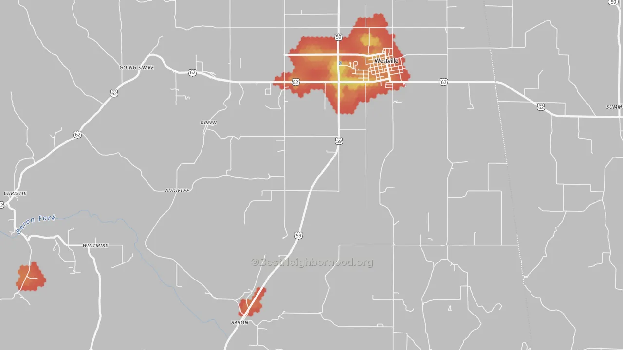 Walk Grade map of Westville, OK, walkable areas in green and car-dependent areas in red