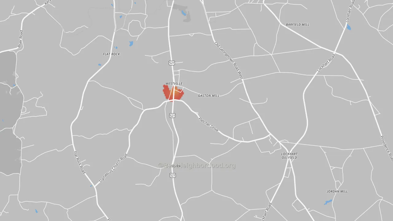 Walk Grade map of Westville, SC, walkable areas in green and car-dependent areas in red