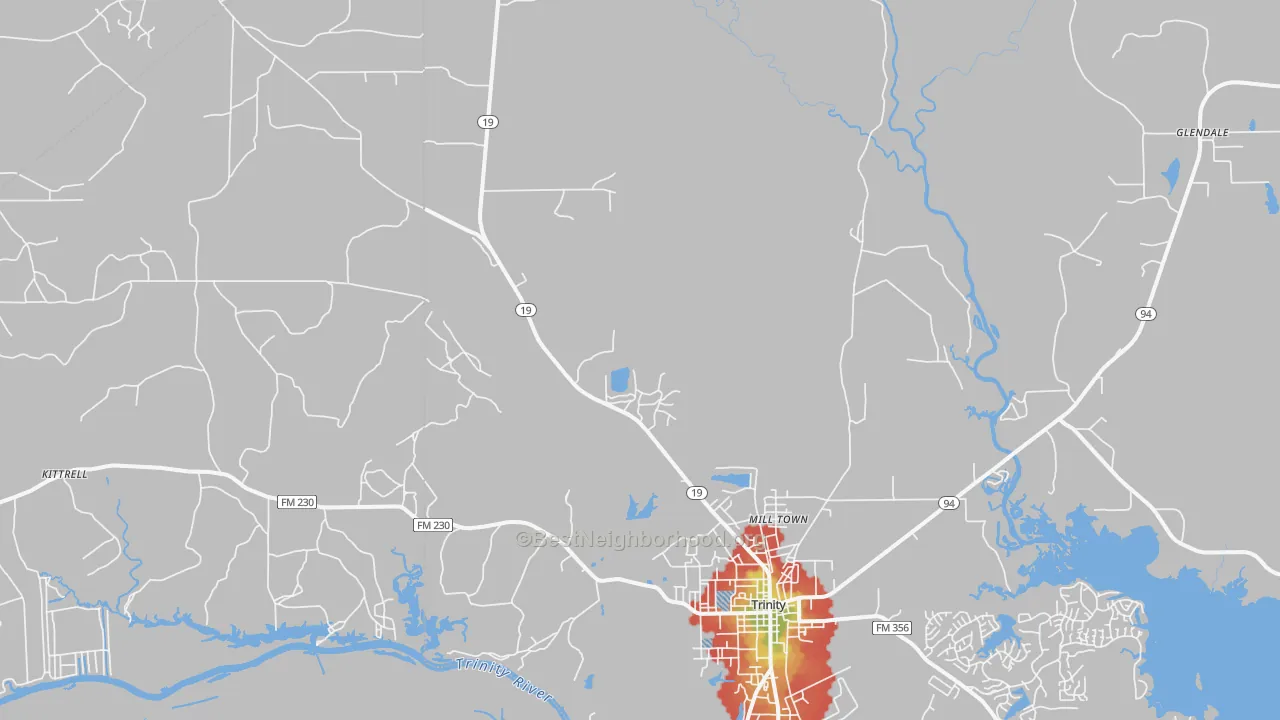Walk Grade map of Westville, TX, walkable areas in green and car-dependent areas in red
