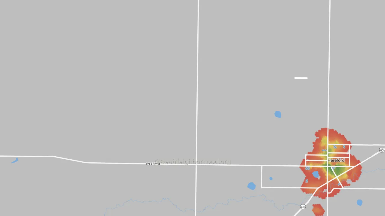 Walk Grade map of Westway, TX, walkable areas in green and car-dependent areas in red