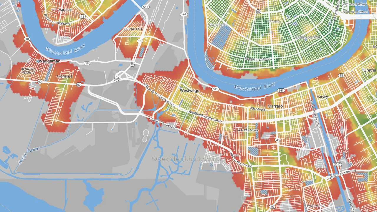 Walk Grade map of Westwego, LA, walkable areas in green and car-dependent areas in red