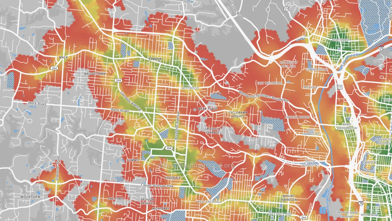 Walk Grade map of Westwood, Cincinnati, OH, walkable areas in green and car-dependent areas in red