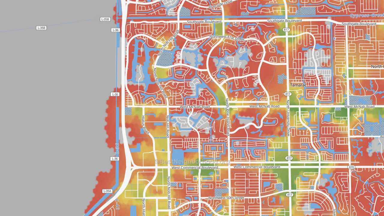 Walk Grade map of Westwood Community-North, Tamarac, FL, walkable areas in green and car-dependent areas in red