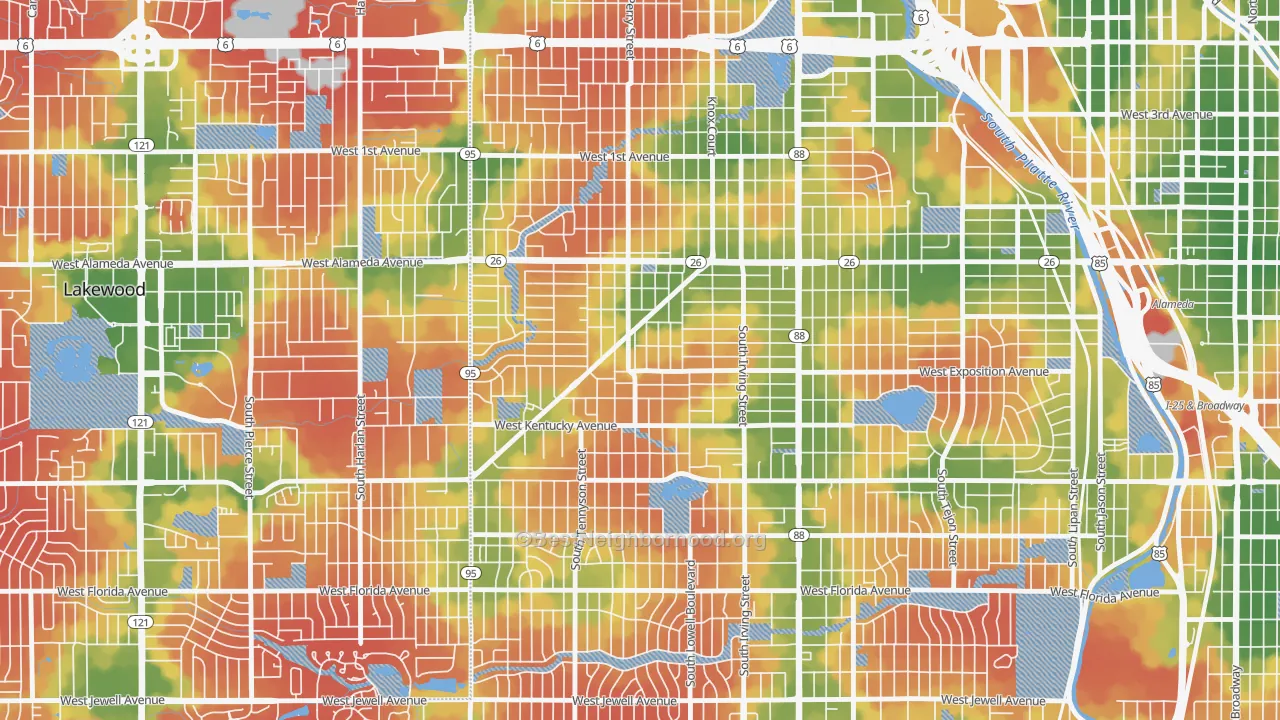 Walk Grade map of Westwood, Denver, CO, walkable areas in green and car-dependent areas in red
