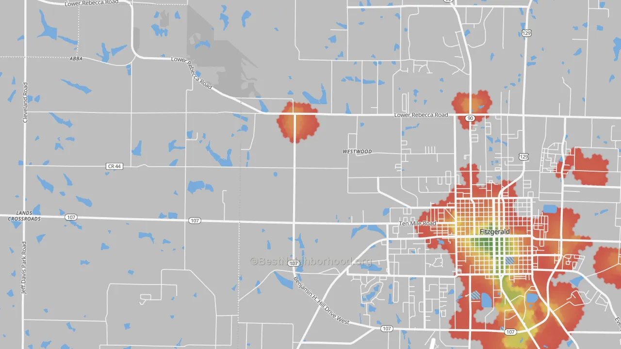 Walk Grade map of Westwood, GA, walkable areas in green and car-dependent areas in red
