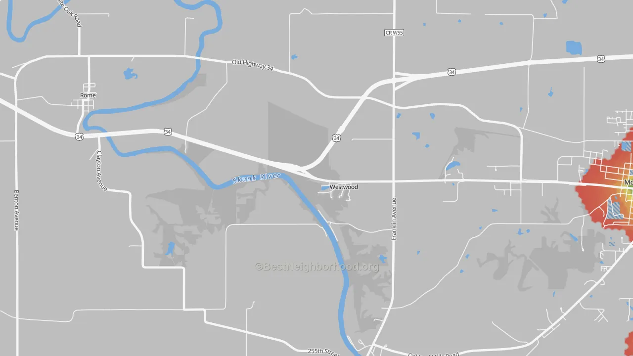 Walk Grade map of Westwood, IA, walkable areas in green and car-dependent areas in red