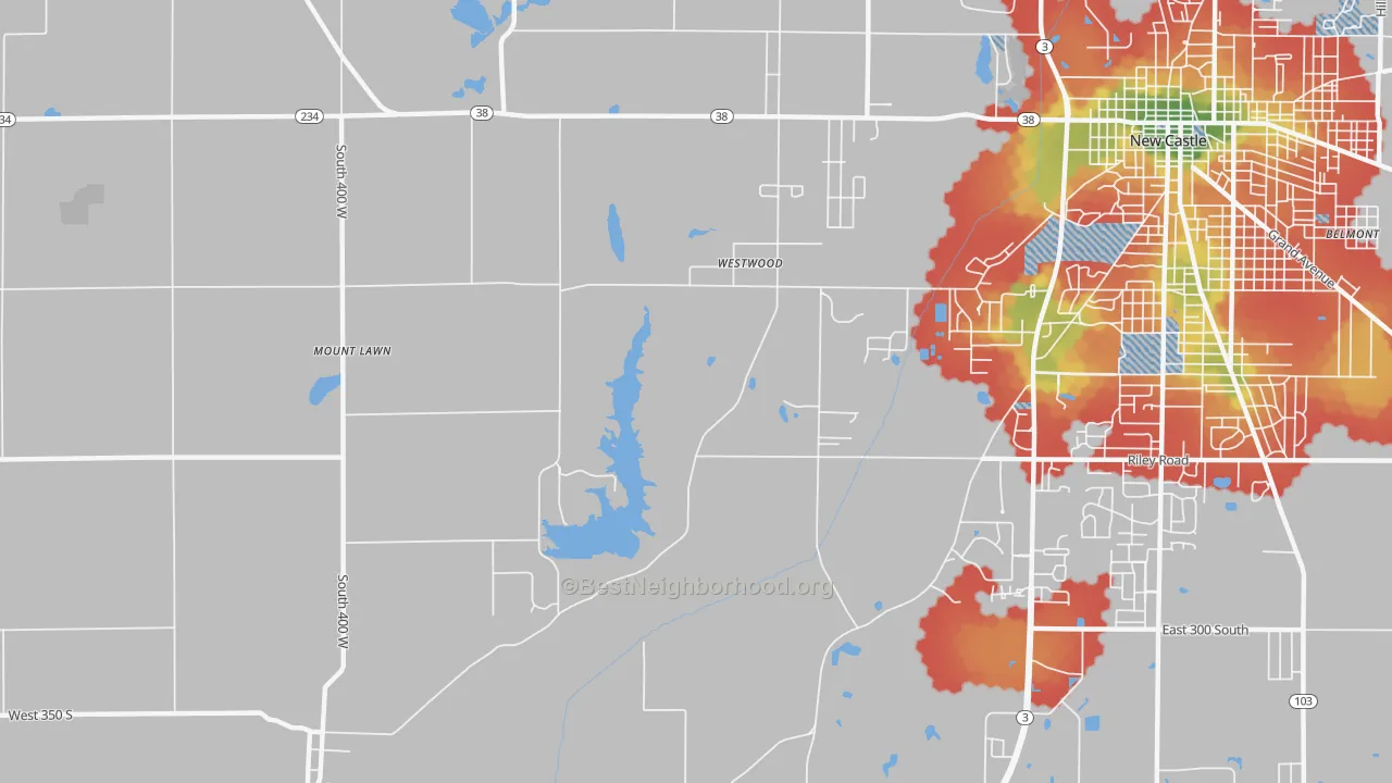 Walk Grade map of Westwood, IN, walkable areas in green and car-dependent areas in red