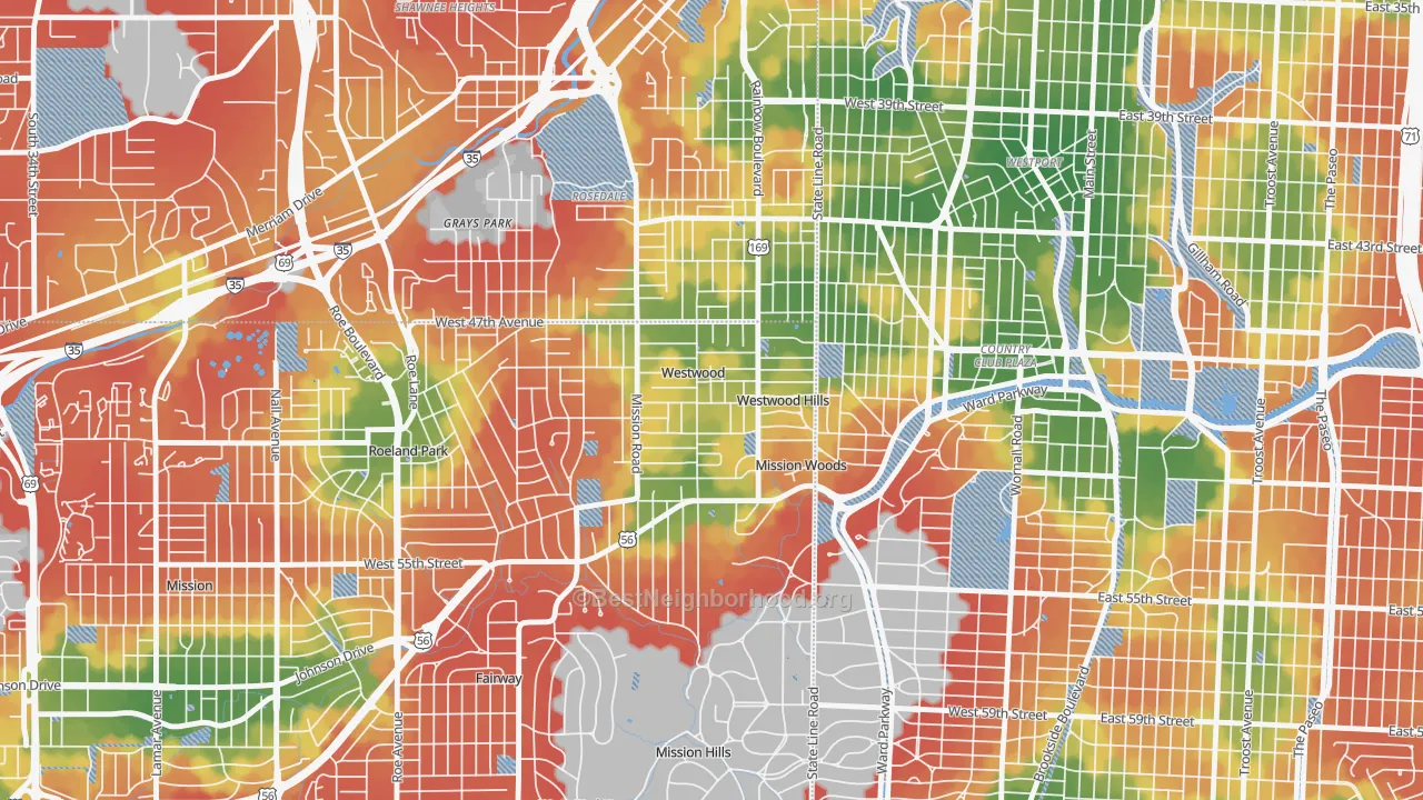 Walk Grade map of Westwood, KS, walkable areas in green and car-dependent areas in red