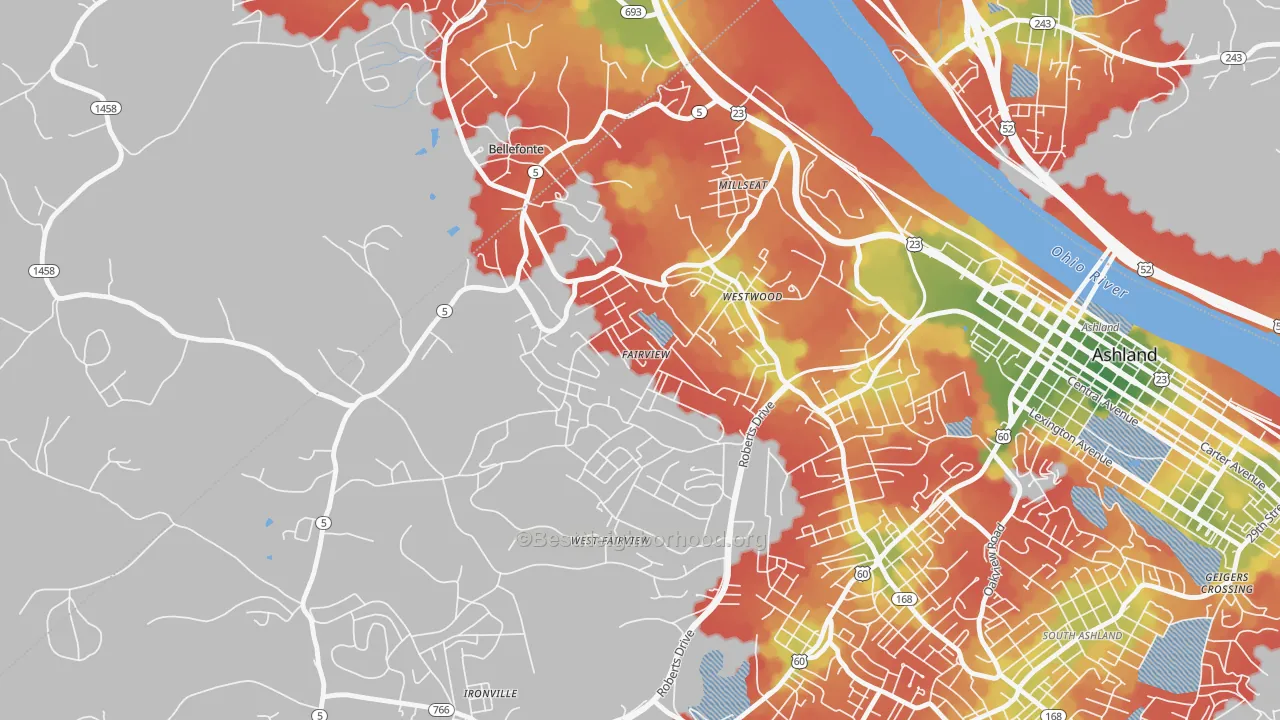 Walk Grade map of Westwood, KY, walkable areas in green and car-dependent areas in red
