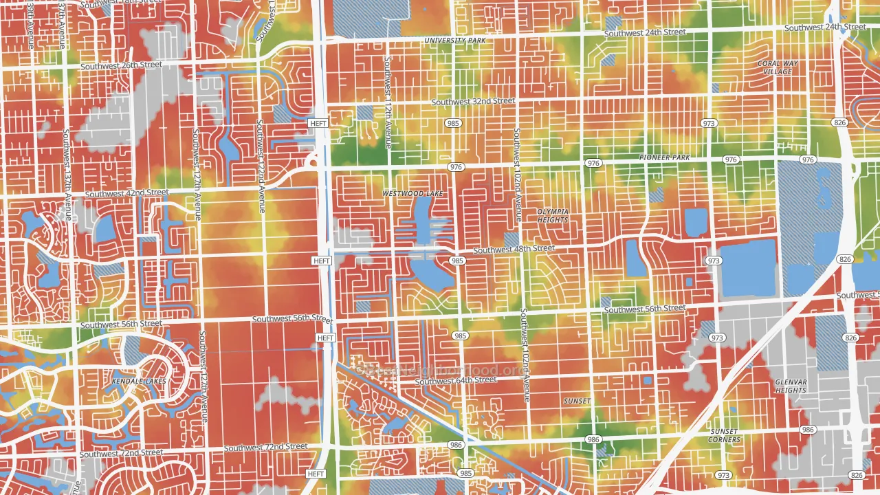 Walk Grade map of Westwood Lakes, FL, walkable areas in green and car-dependent areas in red