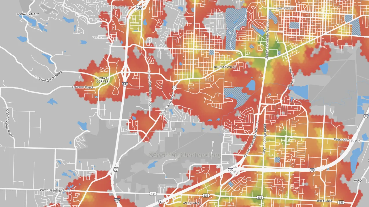 Walk Grade map of Westwood, Little Rock, AR, walkable areas in green and car-dependent areas in red