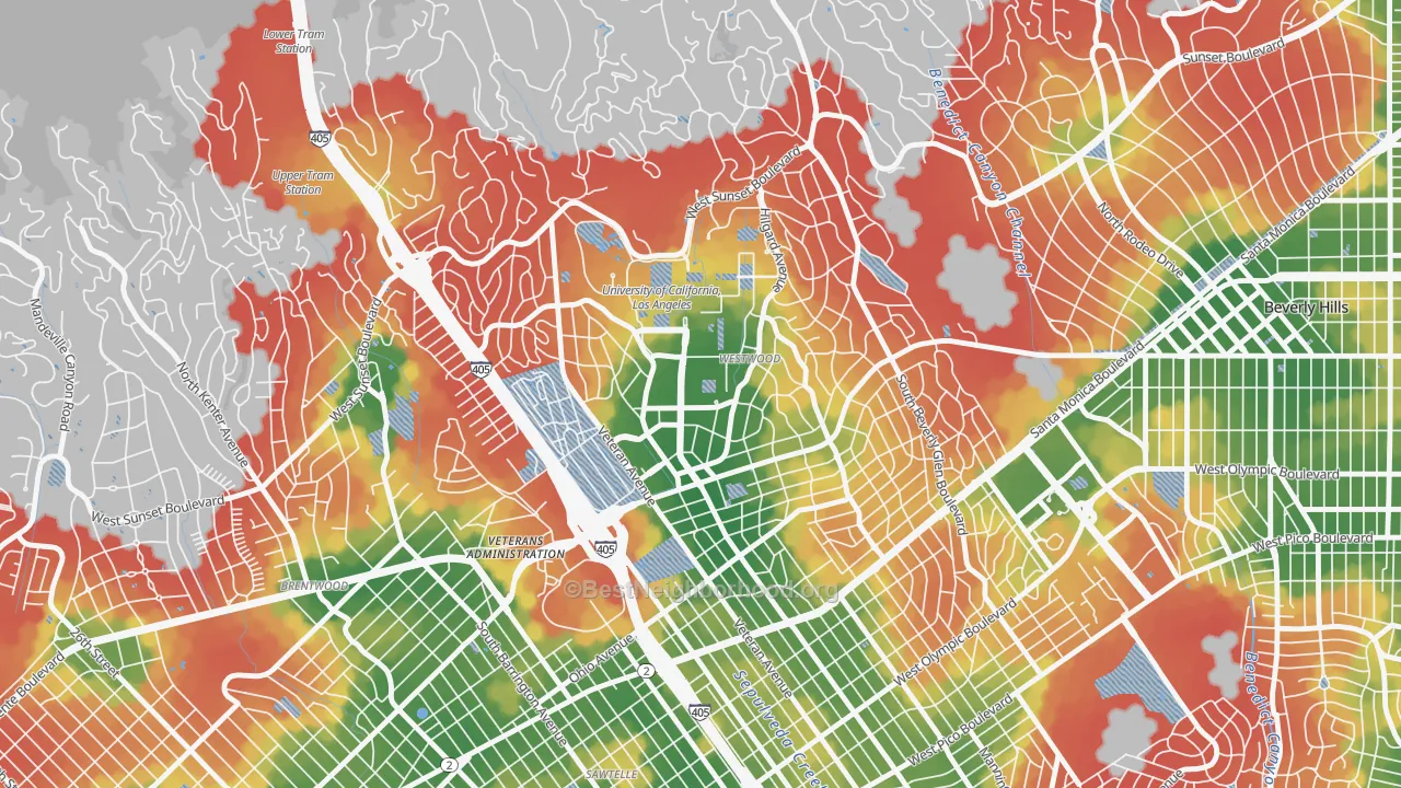 Walk Grade map of Westwood, Los Angeles, CA, walkable areas in green and car-dependent areas in red