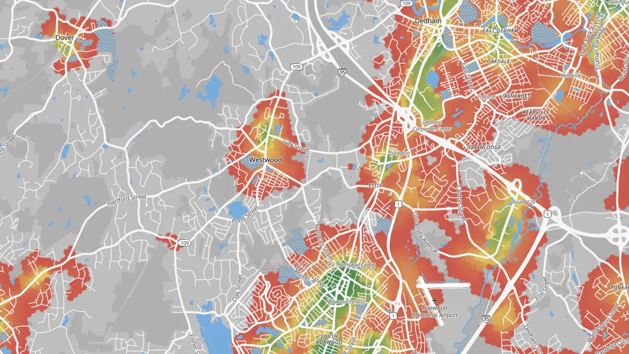 Walk Grade map of Westwood, MA, walkable areas in green and car-dependent areas in red