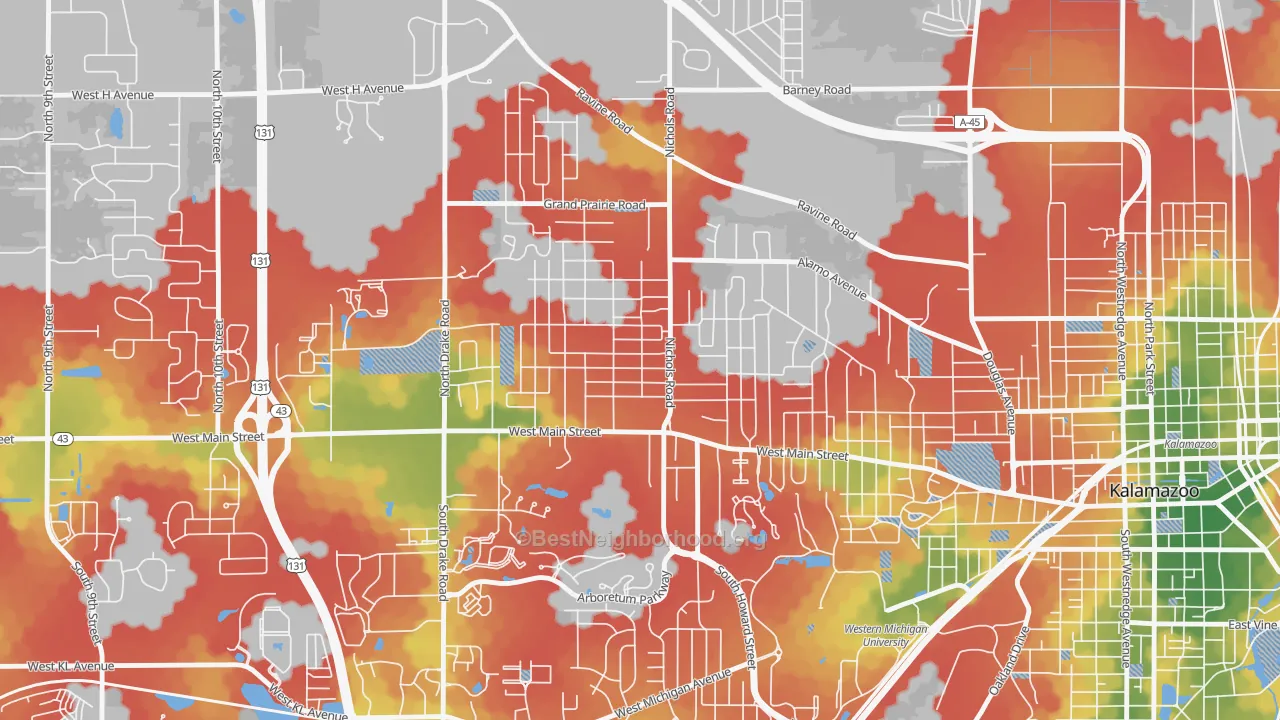 Walk Grade map of Westwood, MI, walkable areas in green and car-dependent areas in red