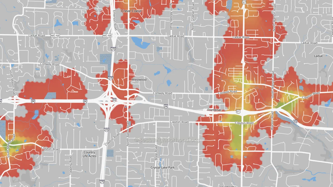 Walk Grade map of Westwood, MO, walkable areas in green and car-dependent areas in red