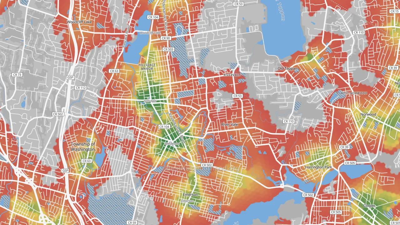 Walk Grade map of Westwood, NJ, walkable areas in green and car-dependent areas in red