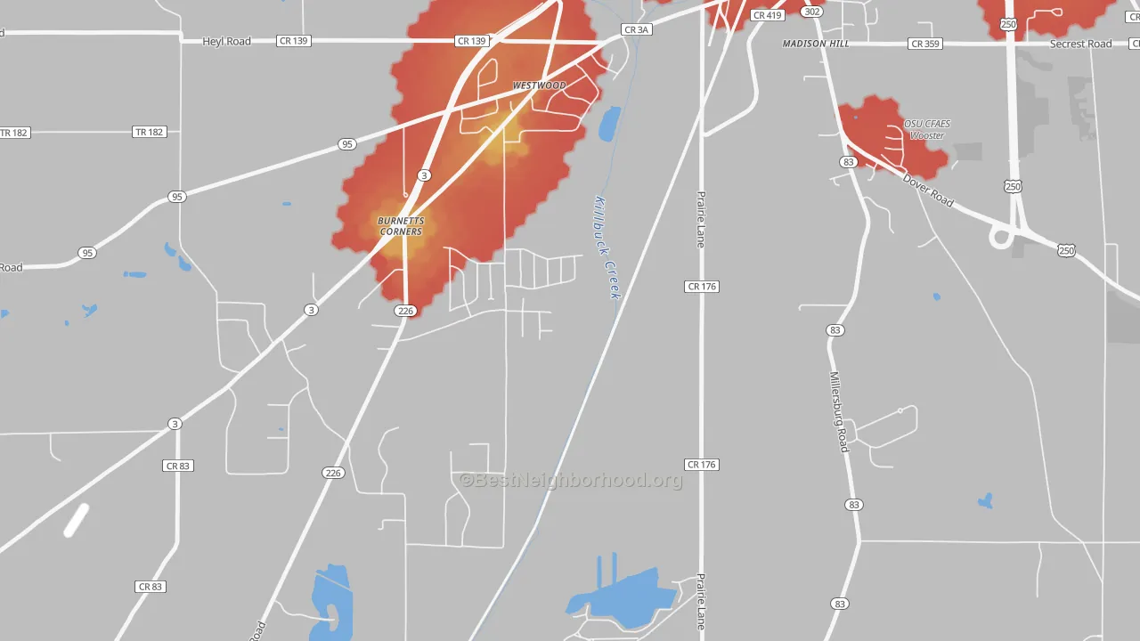 Walk Grade map of Westwood, OH, walkable areas in green and car-dependent areas in red