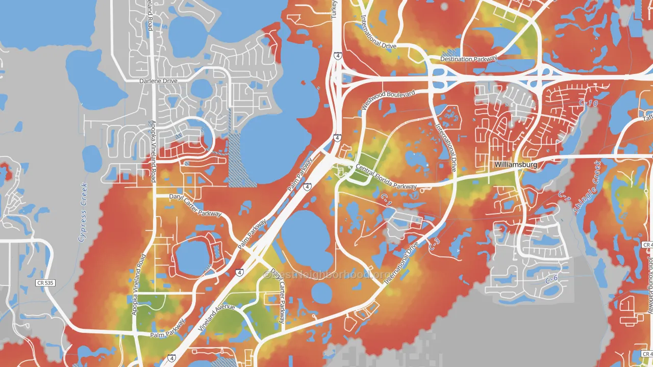 Walk Grade map of Westwood, Orlando, FL, walkable areas in green and car-dependent areas in red