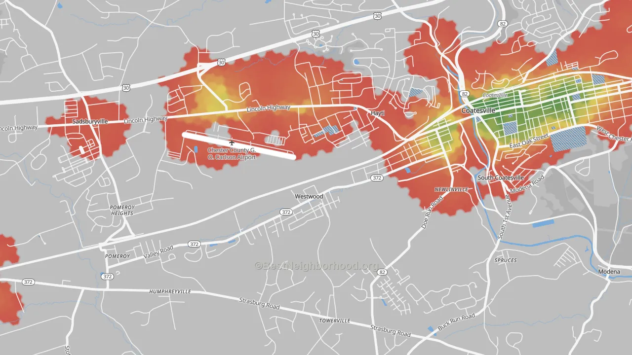 Walk Grade map of Westwood, PA, walkable areas in green and car-dependent areas in red