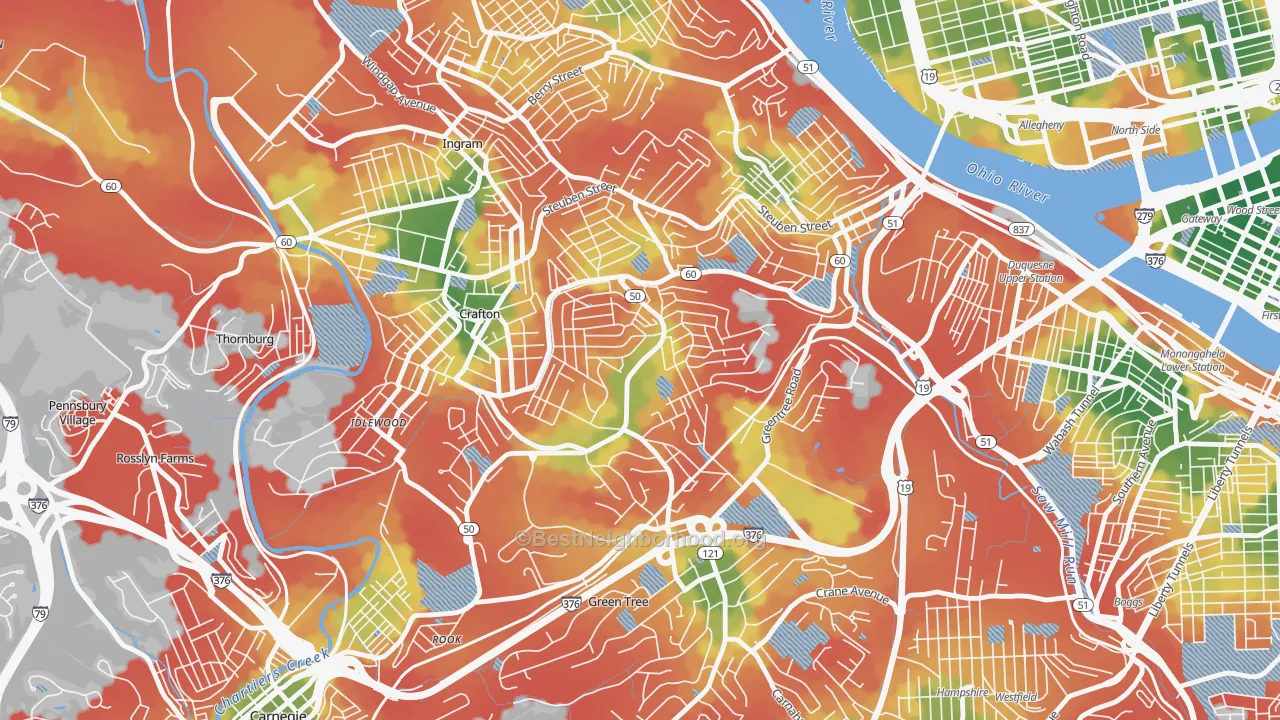 Walk Grade map of Westwood, Pittsburgh, PA, walkable areas in green and car-dependent areas in red