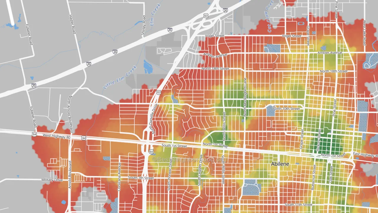 Walk Grade map of Westwood Richland, Abilene, TX, walkable areas in green and car-dependent areas in red