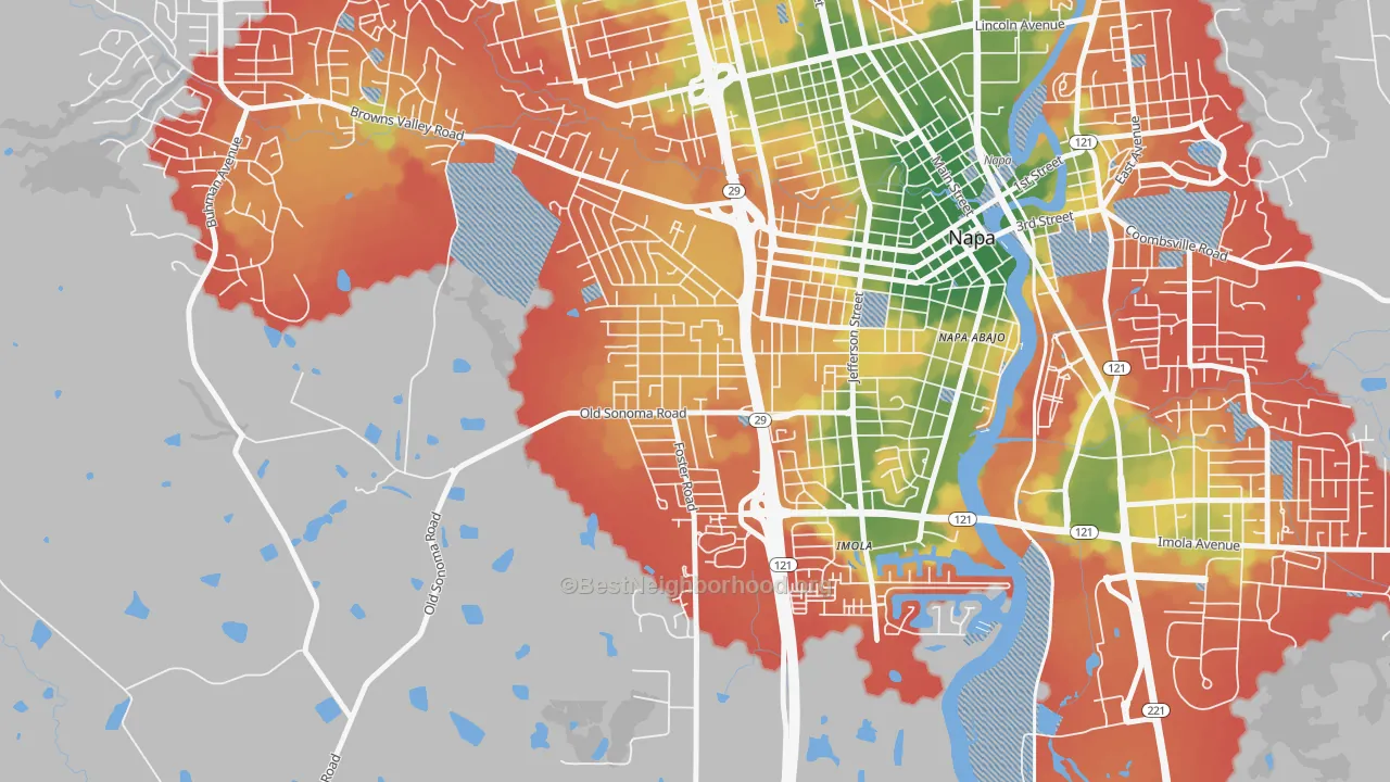 Walk Grade map of Westwood-San Francisco, Napa, CA, walkable areas in green and car-dependent areas in red