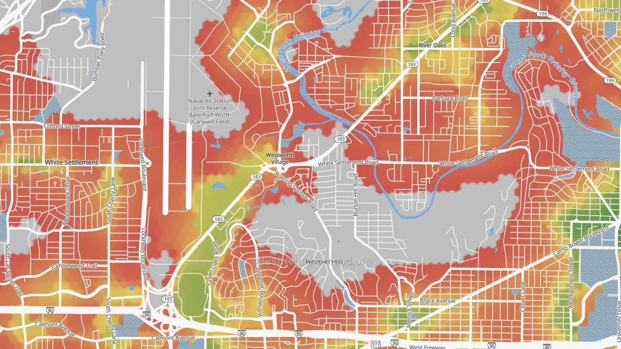 Walk Grade map of Westworth Village, TX, walkable areas in green and car-dependent areas in red