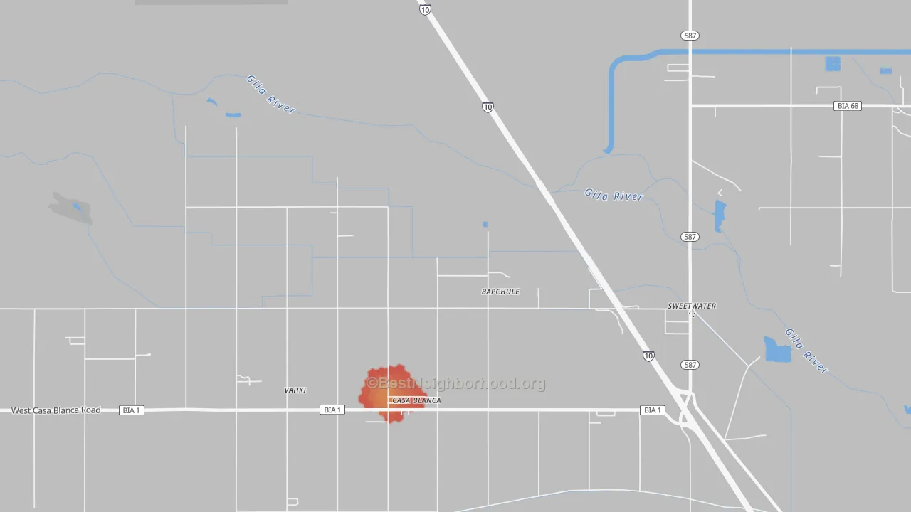 Walk Grade map of Wet Camp Village, AZ, walkable areas in green and car-dependent areas in red