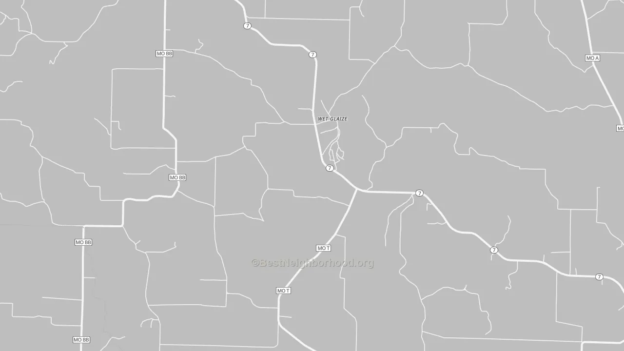 Walk Grade map of Wet Glaize, MO, walkable areas in green and car-dependent areas in red
