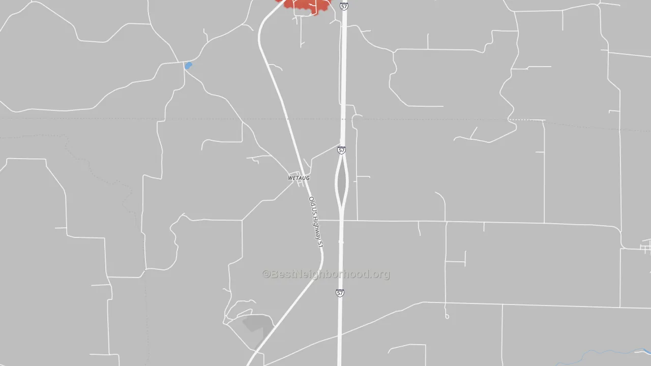Walk Grade map of Wetaug, IL, walkable areas in green and car-dependent areas in red