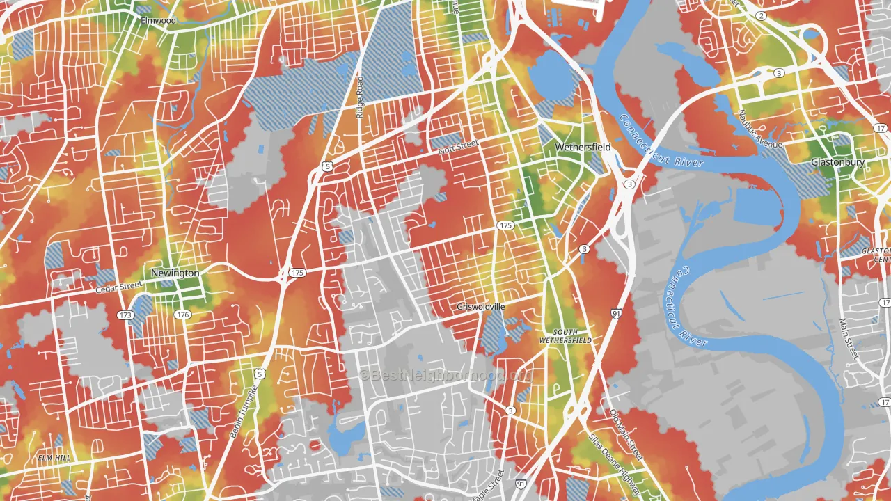 Walk Grade map of Wethersfield, CT, walkable areas in green and car-dependent areas in red