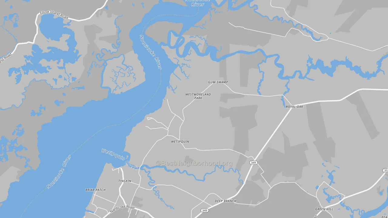 Walk Grade map of Wetipquin, MD, walkable areas in green and car-dependent areas in red