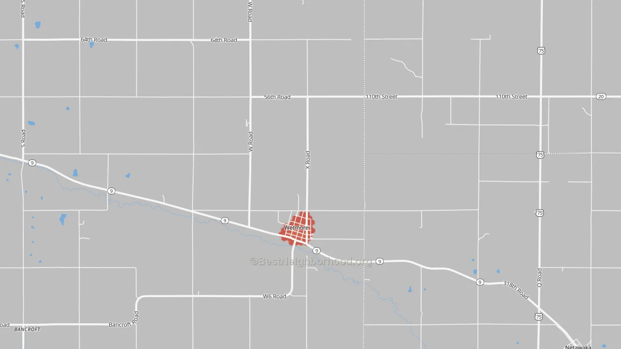 Walk Grade map of Wetmore, KS, walkable areas in green and car-dependent areas in red