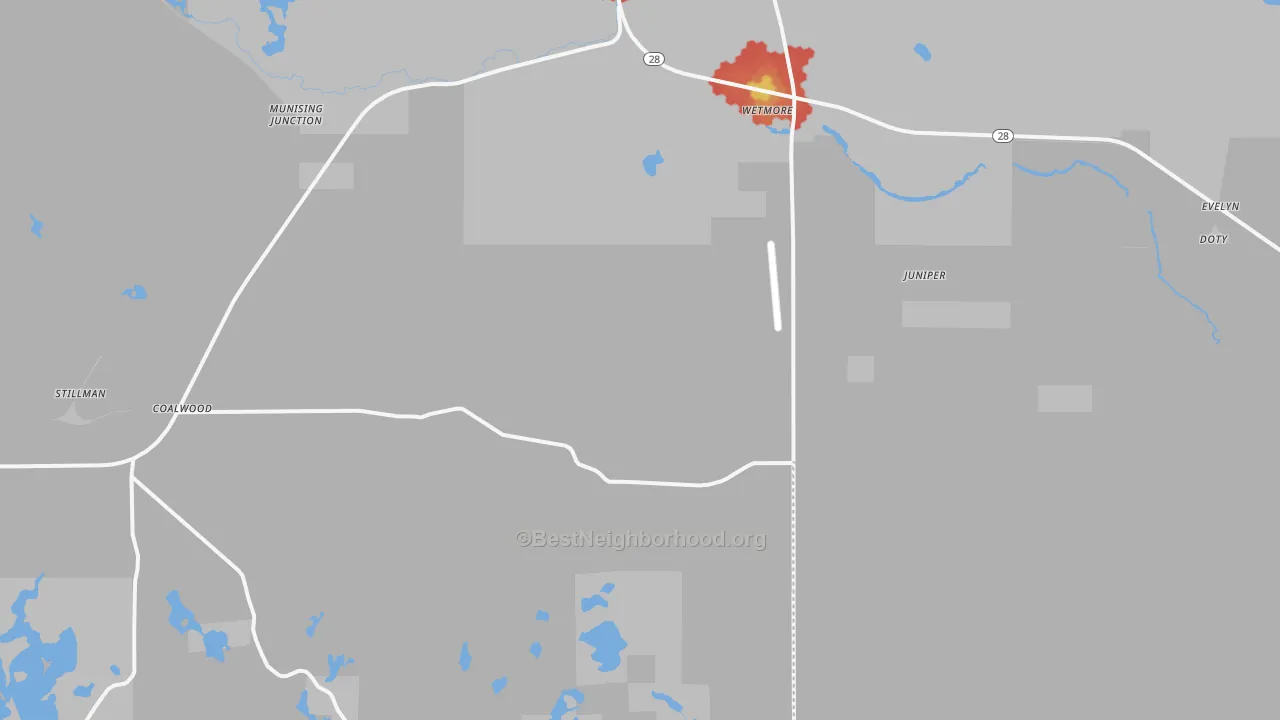 Walk Grade map of Wetmore, MI, walkable areas in green and car-dependent areas in red
