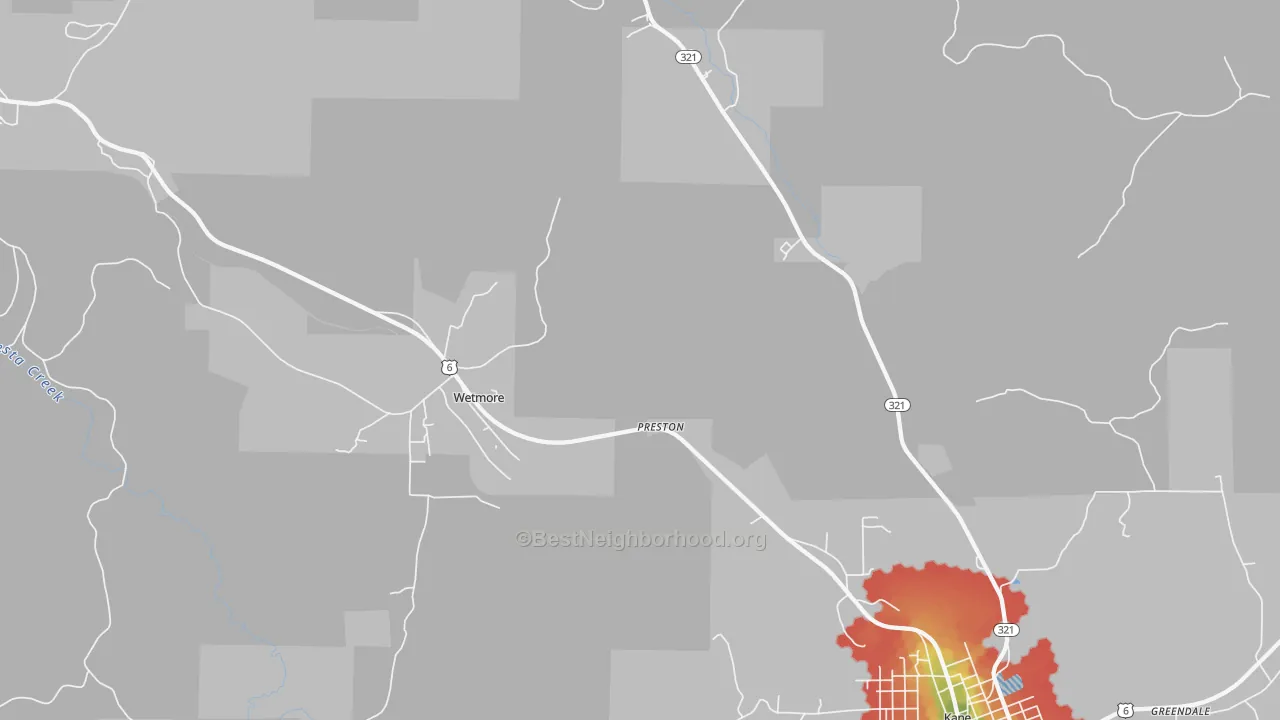 Walk Grade map of Wetmore, PA, walkable areas in green and car-dependent areas in red
