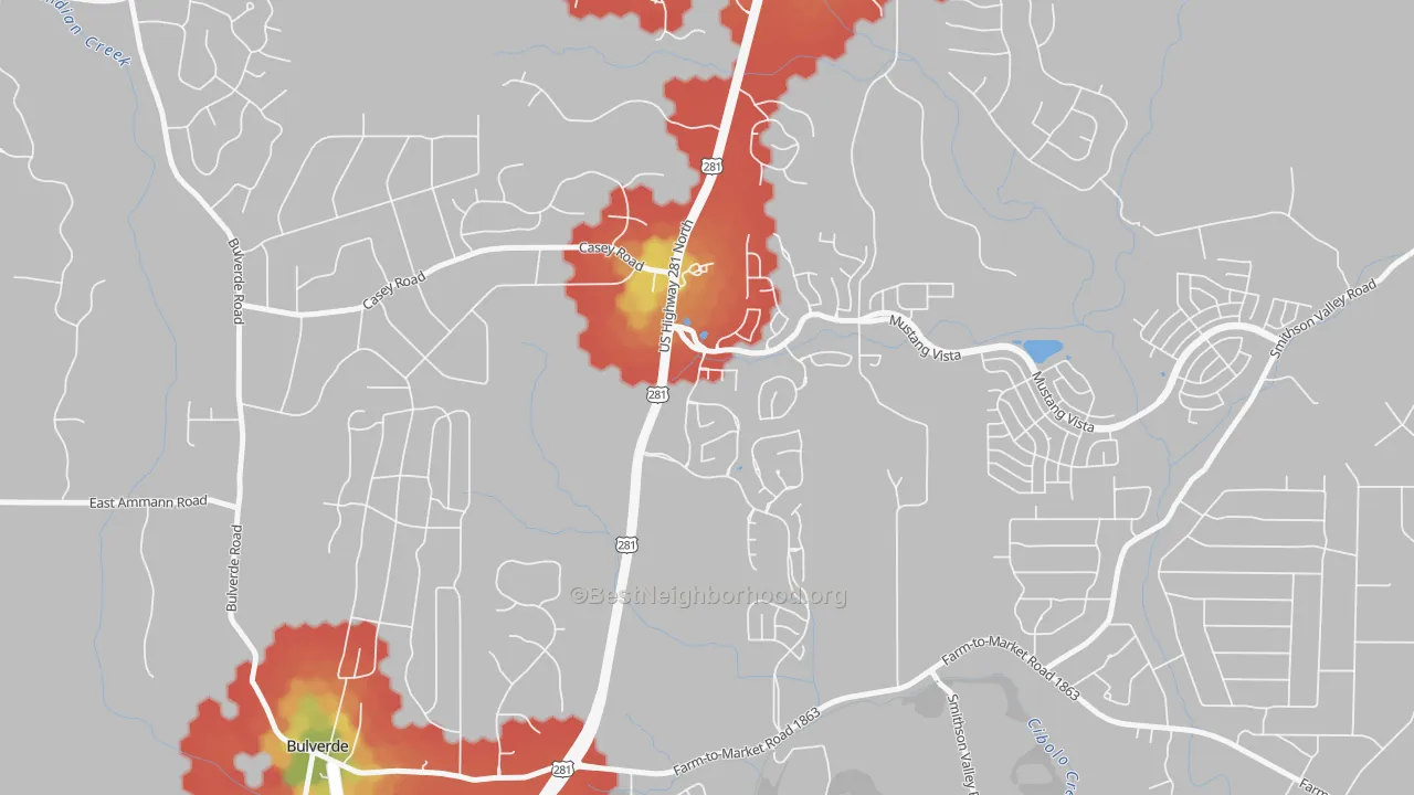 Walk Grade map of Wetmore, TX, walkable areas in green and car-dependent areas in red